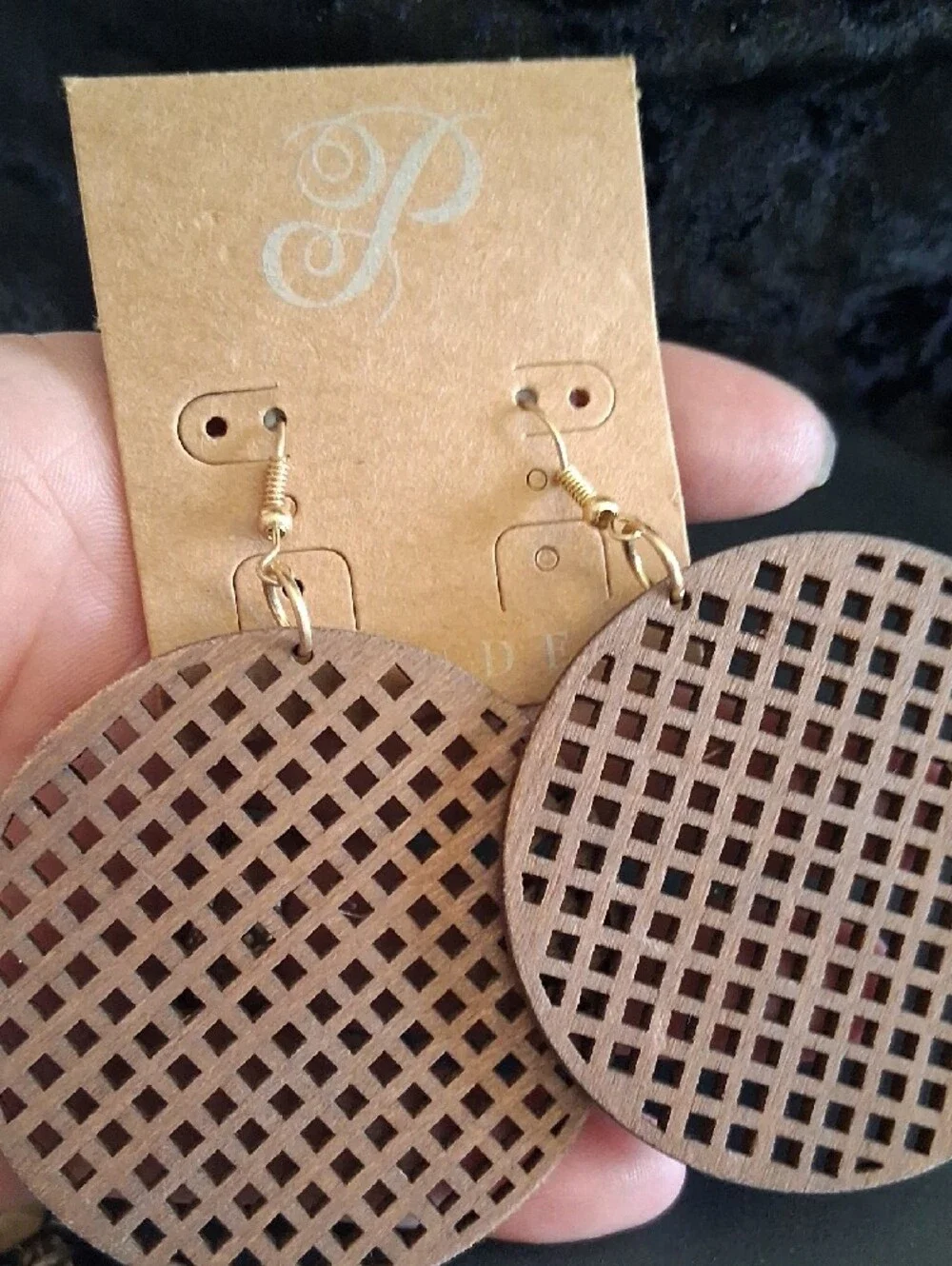 Plunder Laser-Cut Round Brown Wood Lattice Earrings